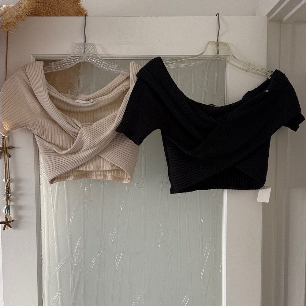 Lush Ribbed Off-Shoulder Tops - Black and Cream